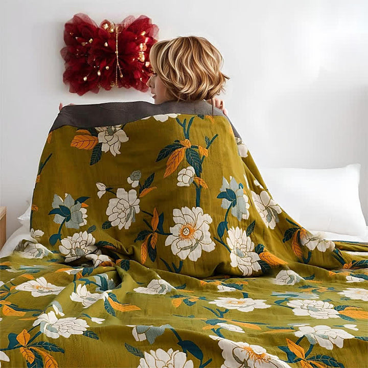 Reversible Boho Cotton Quilt with Olive Floral Print