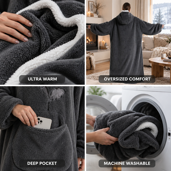 Oversized Sherpa Fleece Hooded Blanket with Sleeves and Pocket