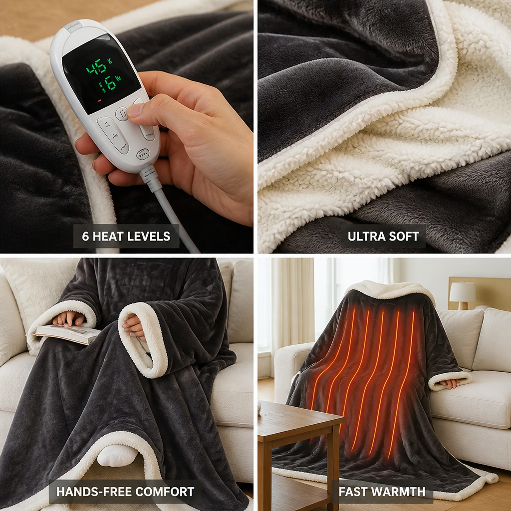 Plushley™ Wearable Heated Sherpa Blanket with Sleeves and Foot Pocket