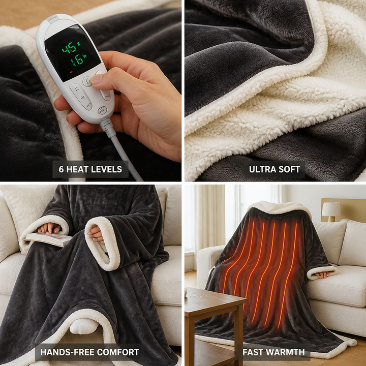 Plushley™ Wearable Heated Sherpa Blanket with Sleeves and Foot Pocket