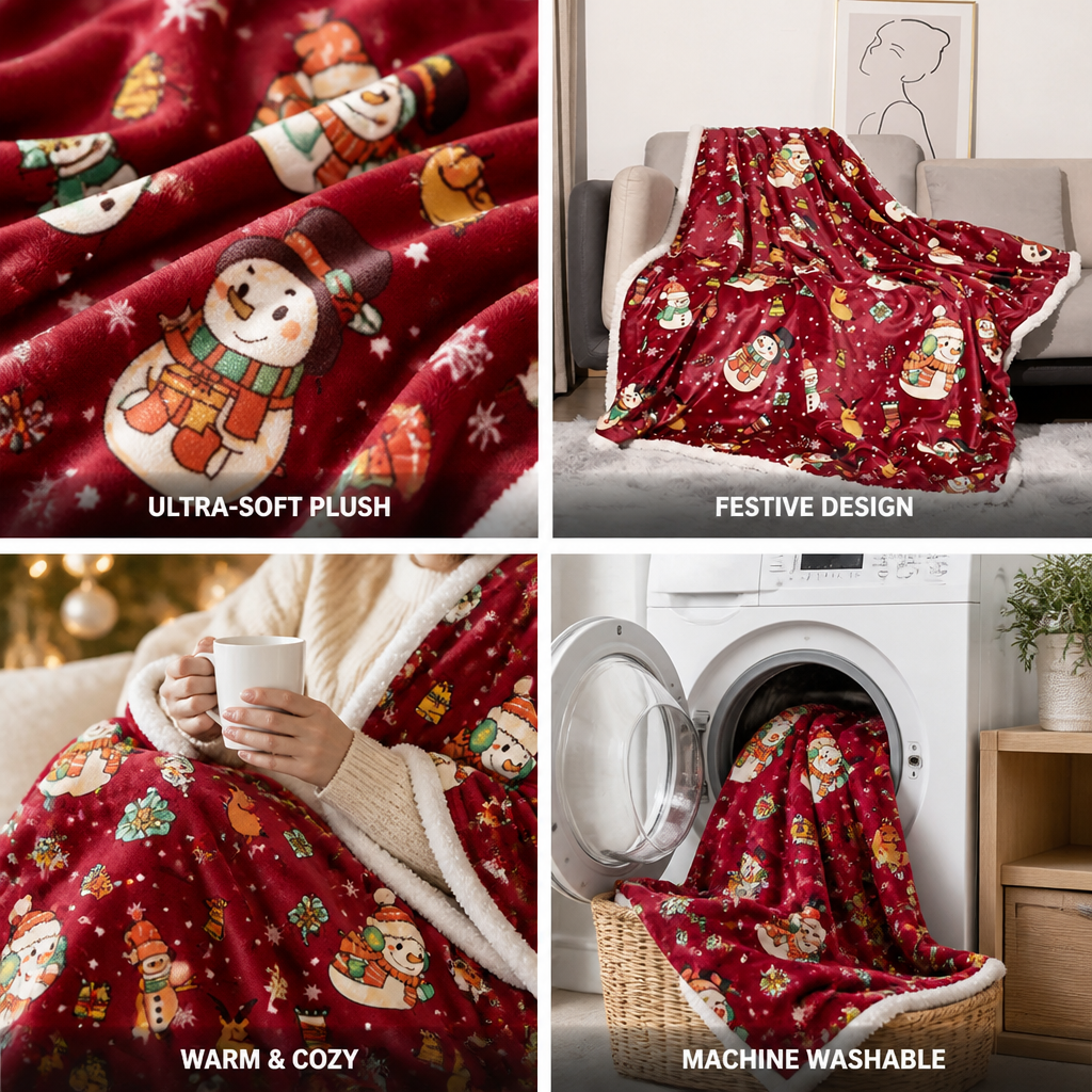 Festive Plush Fleece Throw Blanket with Holiday Prints