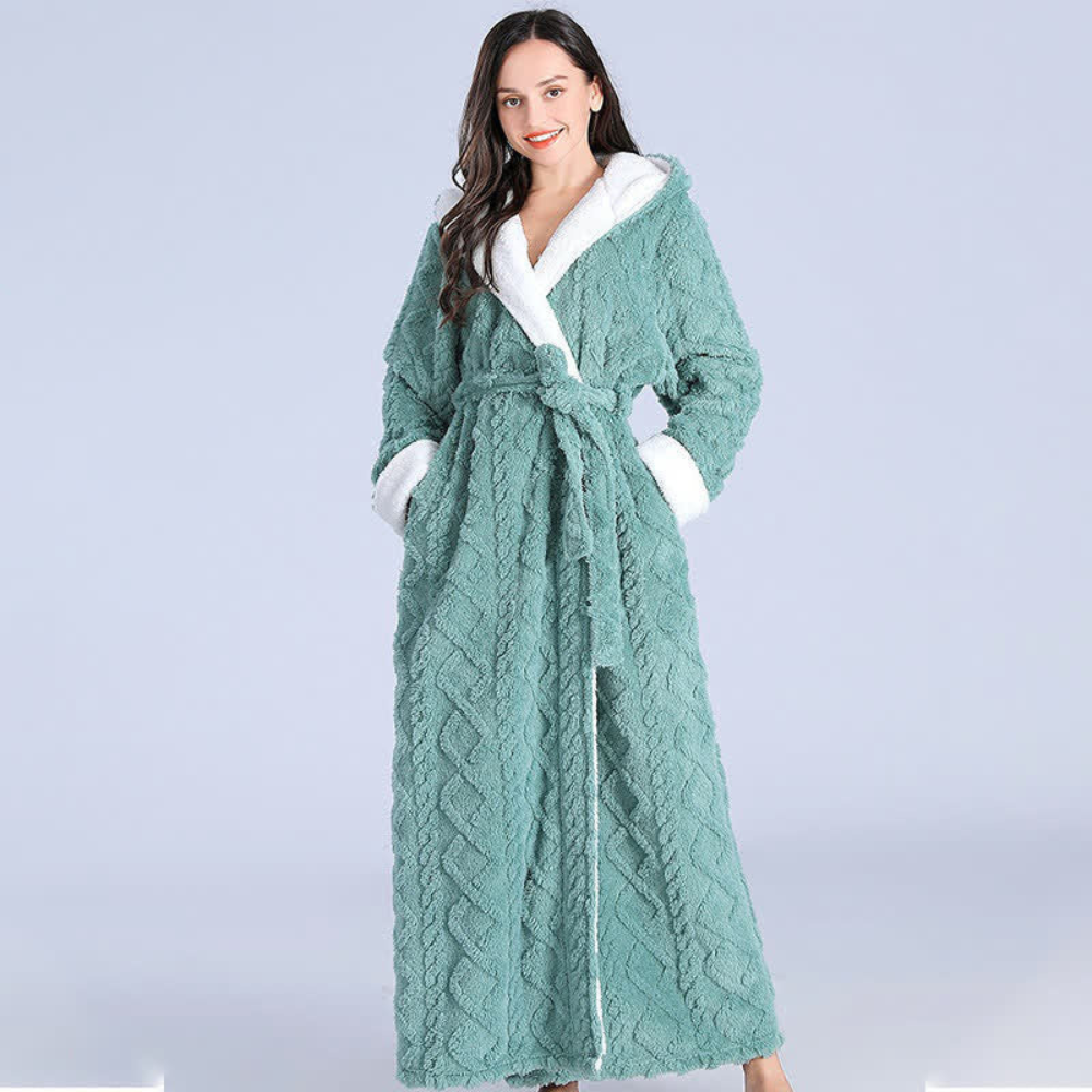 Plushley™ Long Plush Knit Hooded Robe with Two Patch Pockets