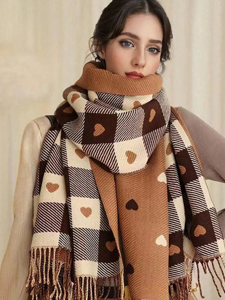 Plaid Winter Scarf and Shawl with Heart Pattern