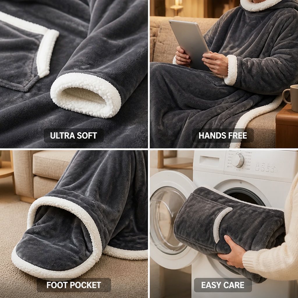 Sherpa Wearable Blanket with Sleeves and a Cozy Foot Pocket