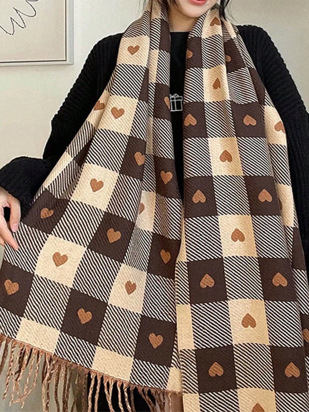 Plaid Winter Scarf and Shawl with Heart Pattern