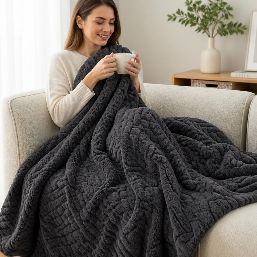 Reversible Jacquard Fleece Blanket with Smooth and Fluffy Sides