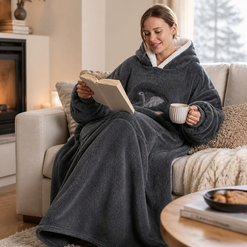 Oversized Sherpa Fleece Hooded Blanket with Sleeves and Pocket