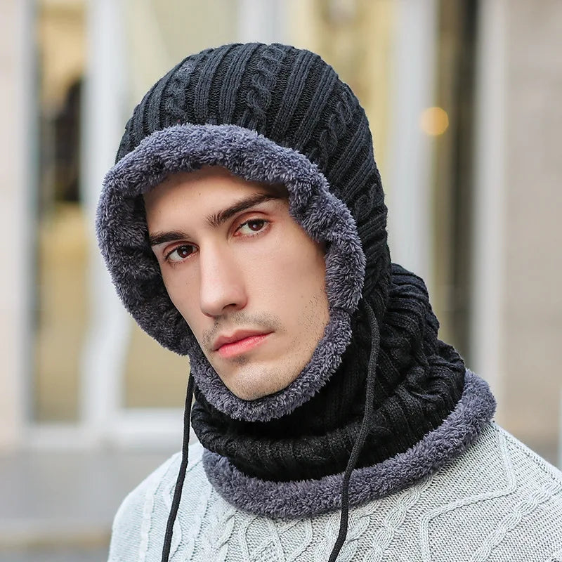 Fleece-Lined Knit Balaclava Hat with Built-In Scarf