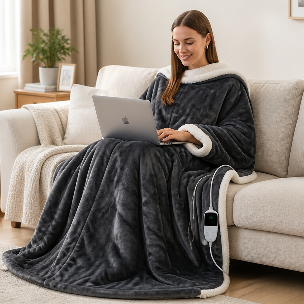 Plushley™ Wearable Heated Sherpa Blanket with Sleeves and Foot Pocket