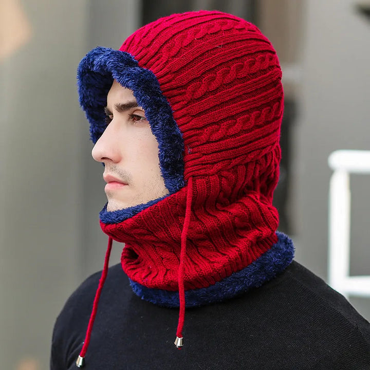 Fleece-Lined Knit Balaclava Hat with Built-In Scarf
