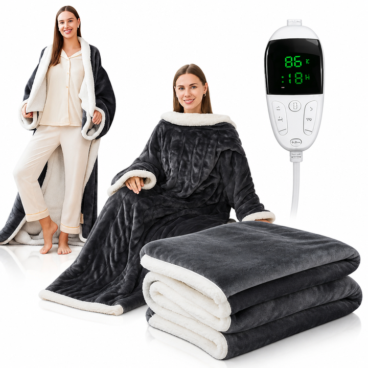 Plushley™ Wearable Heated Sherpa Blanket with Sleeves and Foot Pocket