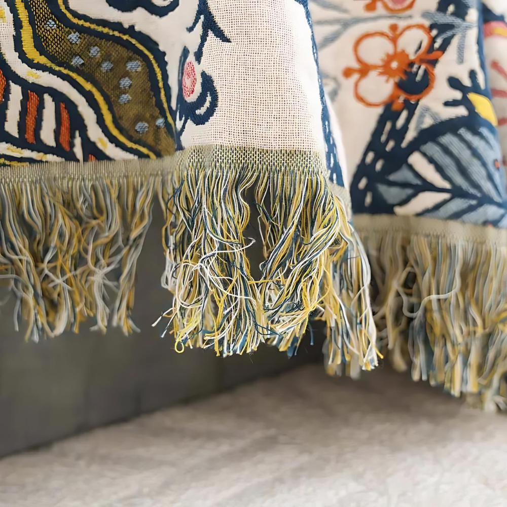 Rustic Floral Cotton Blanket, Reversible with Tassel Trim