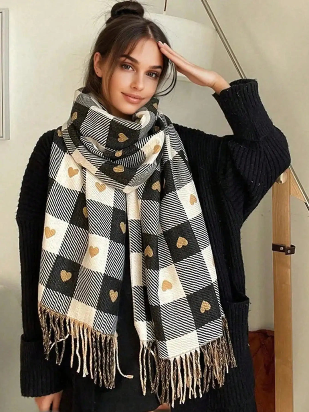 Plaid Winter Scarf and Shawl with Heart Pattern
