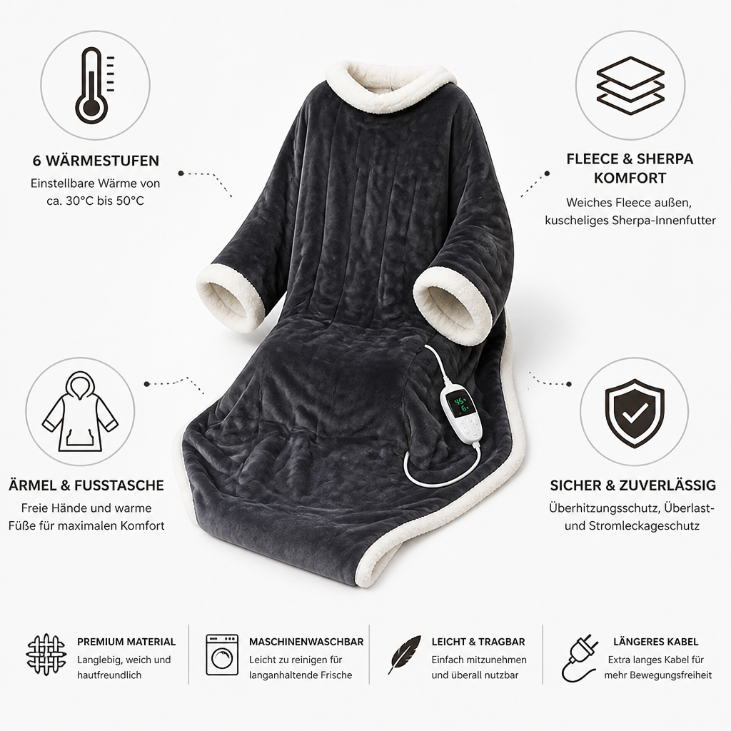 Plushley™ Wearable Heated Sherpa Blanket with Sleeves and Foot Pocket