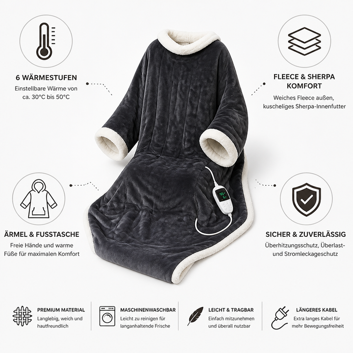 Plushley™ Wearable Heated Sherpa Blanket with Sleeves and Foot Pocket