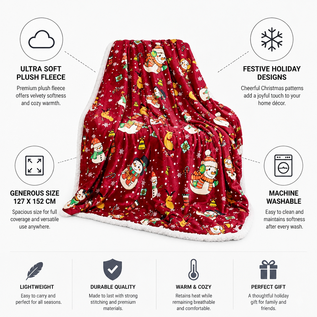 Festive Plush Fleece Throw Blanket with Holiday Prints