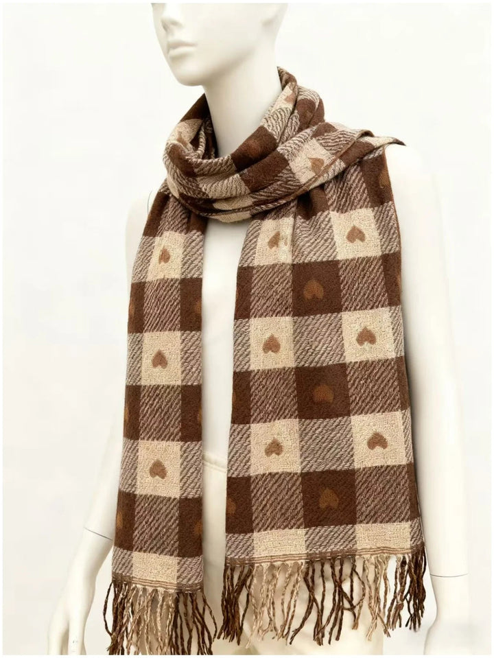 Plaid Winter Scarf and Shawl with Heart Pattern