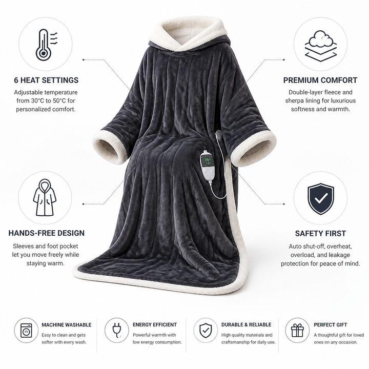 Plushley™ Heated Wearable Fleece Blanket with Sleeves, 50 x 70 in
