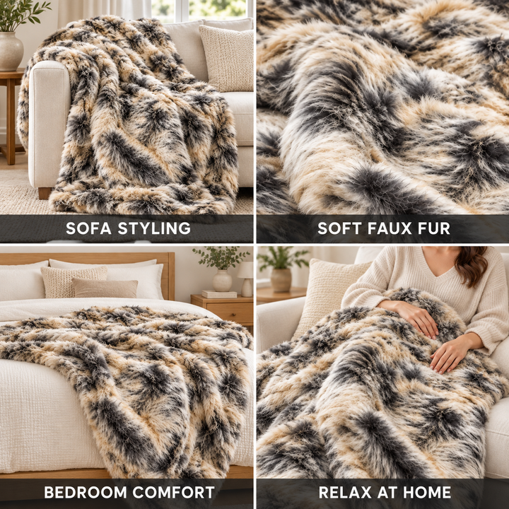 Dense Faux Fur Throw Blanket with Soft Polyester Backing
