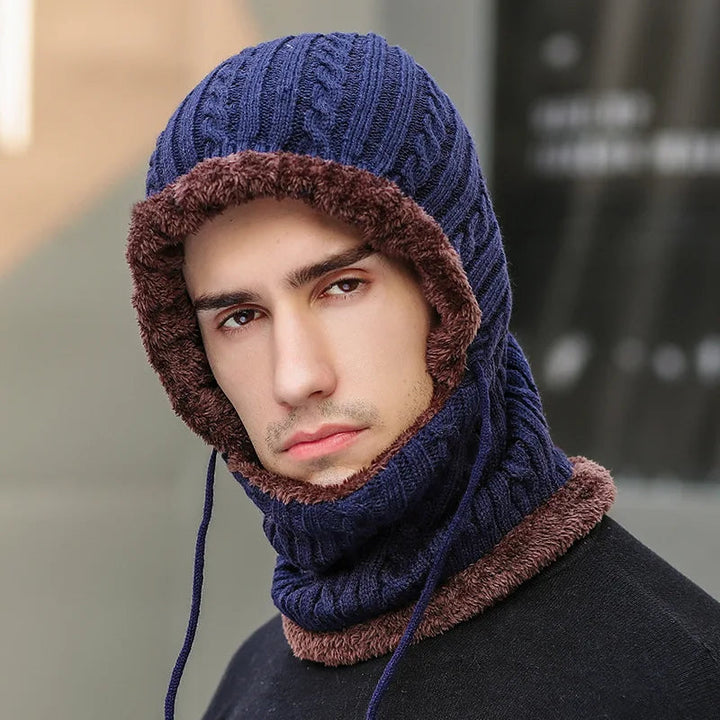 Fleece-Lined Knit Balaclava Hat with Built-In Scarf