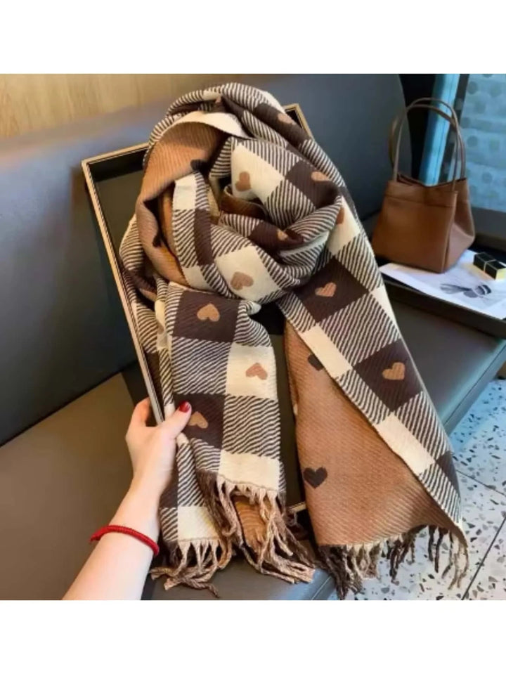 Plaid Winter Scarf and Shawl with Heart Pattern