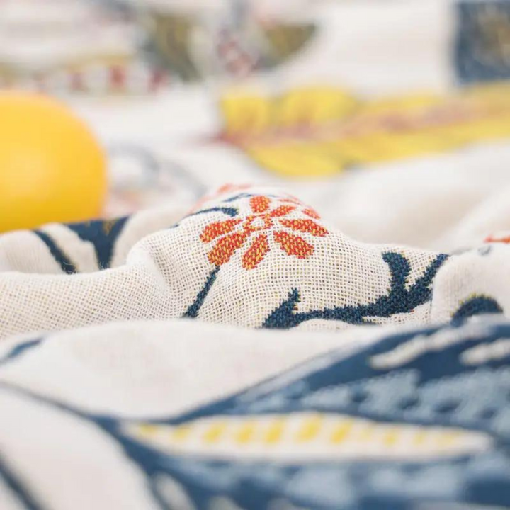 Rustic Floral Cotton Blanket, Reversible with Tassel Trim