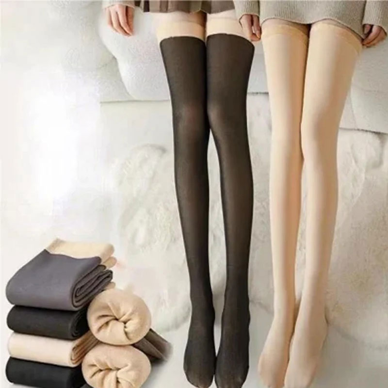 Thick Fleece-Lined Thigh-High Stockings with Stay-Up Fit