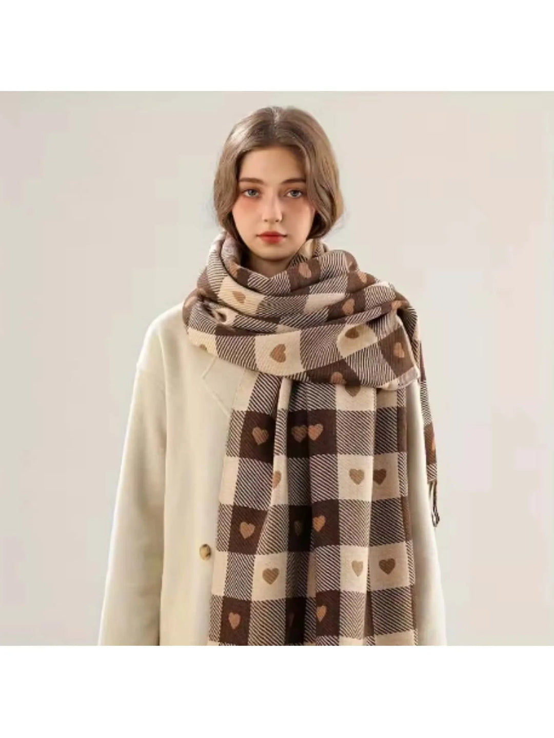 Plaid Winter Scarf and Shawl with Heart Pattern
