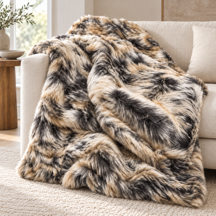 Dense Faux Fur Throw Blanket with Soft Polyester Backing