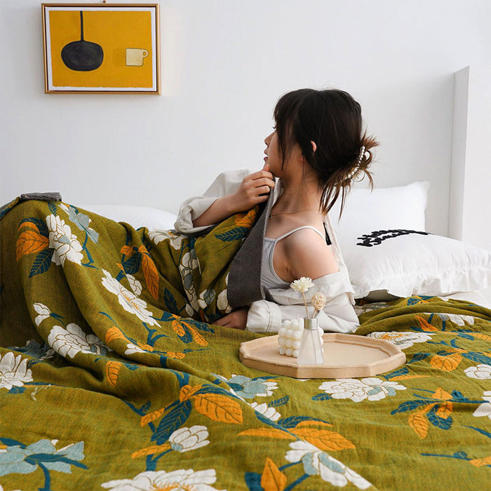 Plushley™ Reversible Boho Cotton Quilt with Olive Floral Print