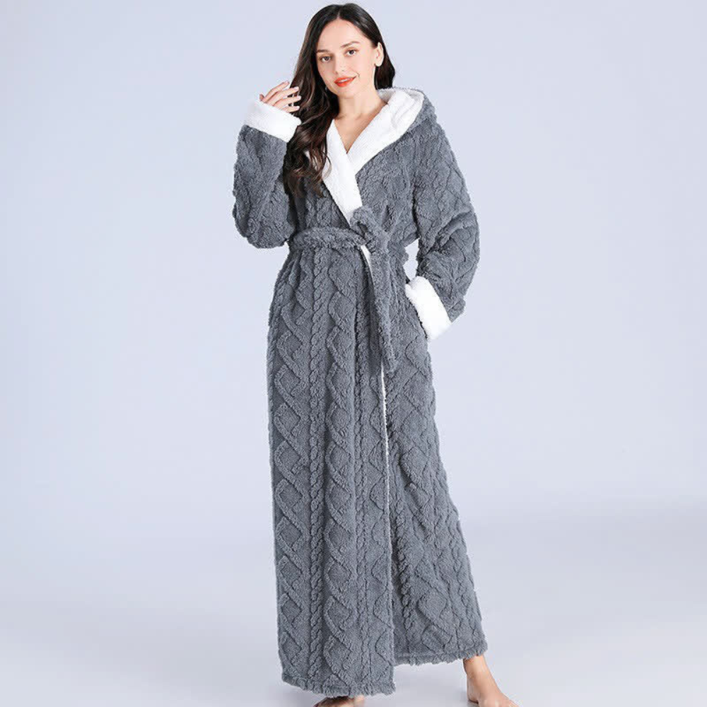 Plushley™ Long Plush Knit Hooded Robe with Two Patch Pockets