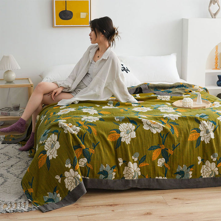 Reversible Boho Cotton Quilt with Olive Floral Print