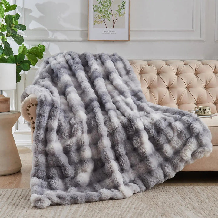 Reversible Faux Rabbit Fur Throw Blanket with Velvet Back