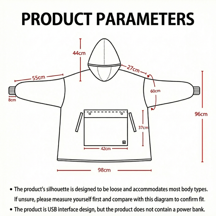 Heated Unisex Blanket Hoodie - USB-Powered, 3-Zone Flannel Warmth