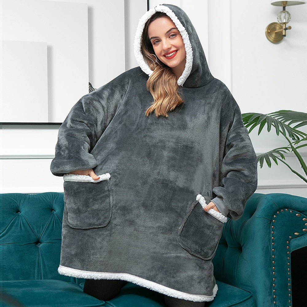 Fleece Hoodie Blanket with Big Hood and Pockets – One Size