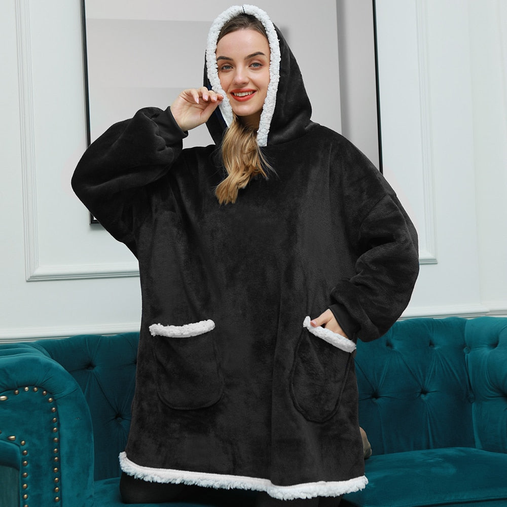 Fleece Hoodie Blanket with Big Hood and Pockets – One Size