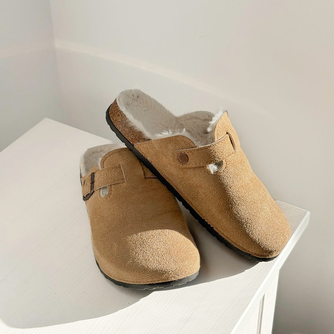 Plushley™ Suede Clogs with Faux Fur Lining and Cork Footbed