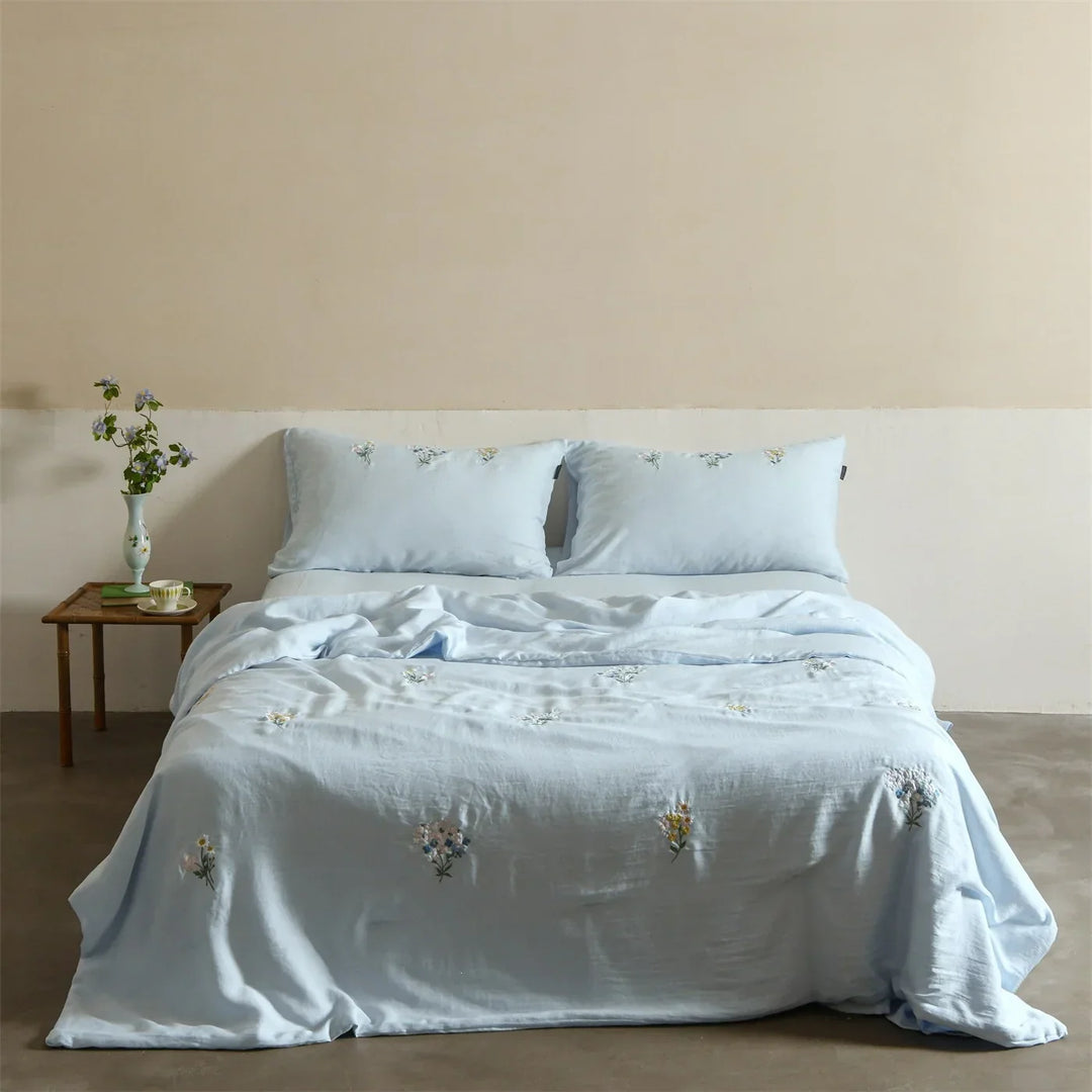 Embroidered Linen Cotton Bedding Set, Breathable and Washable