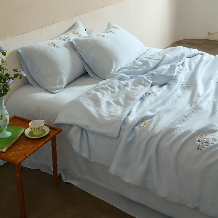 Embroidered Linen Cotton Bedding Set, Breathable and Washable