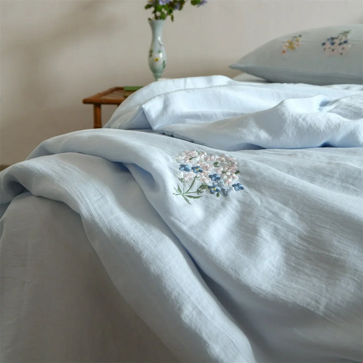 Embroidered Linen Cotton Bedding Set, Breathable and Washable