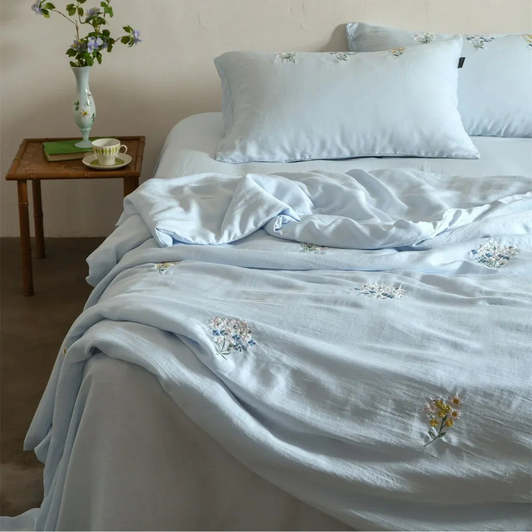 Embroidered Linen Cotton Bedding Set, Breathable and Washable