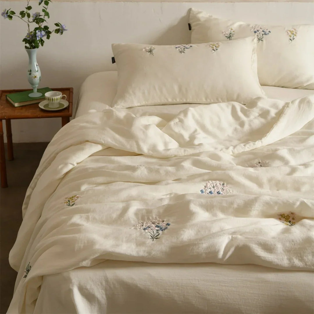 Embroidered Linen Cotton Bedding Set, Breathable and Washable