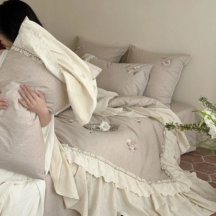 Rose Embroidered Cotton-Linen Bedspread Set with Lace Ruffles