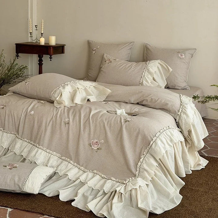Rose Embroidered Cotton-Linen Bedspread Set with Lace Ruffles