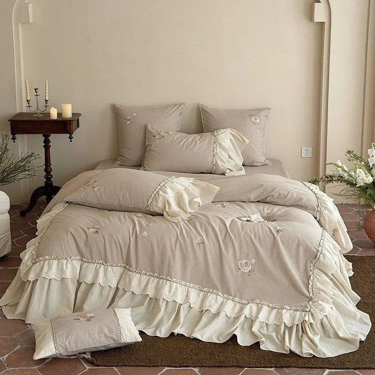 Rose Embroidered Cotton-Linen Bedspread Set with Lace Ruffles