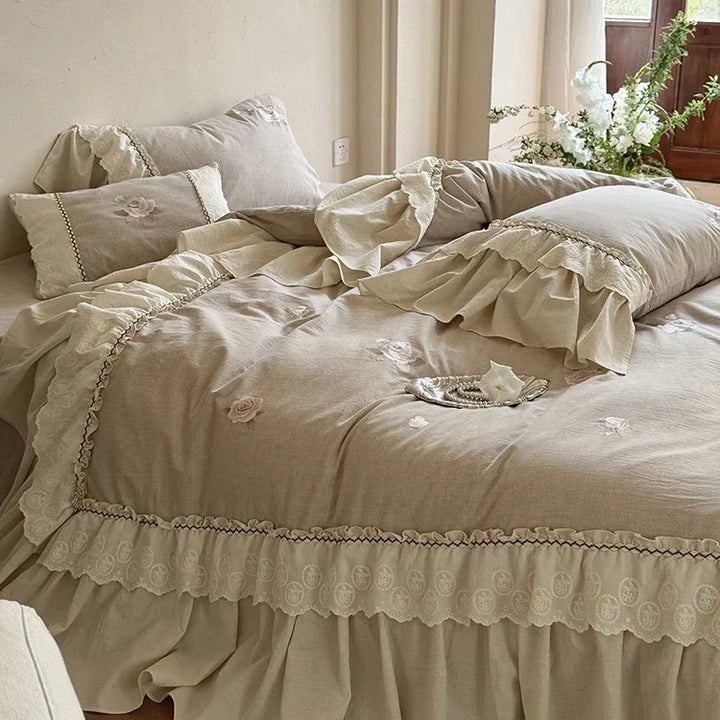 Rose Embroidered Cotton-Linen Bedspread Set with Lace Ruffles