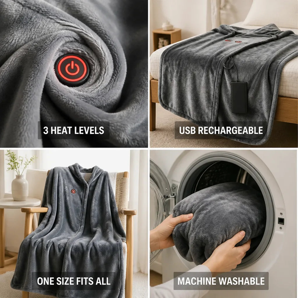 Plushley™ Heated Fleece Blanket Shawl with 3 Heat Settings