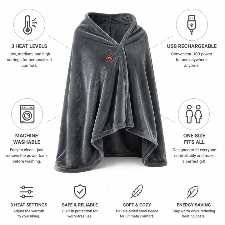 Plushley™ Heated Fleece Blanket Shawl with 3 Heat Settings