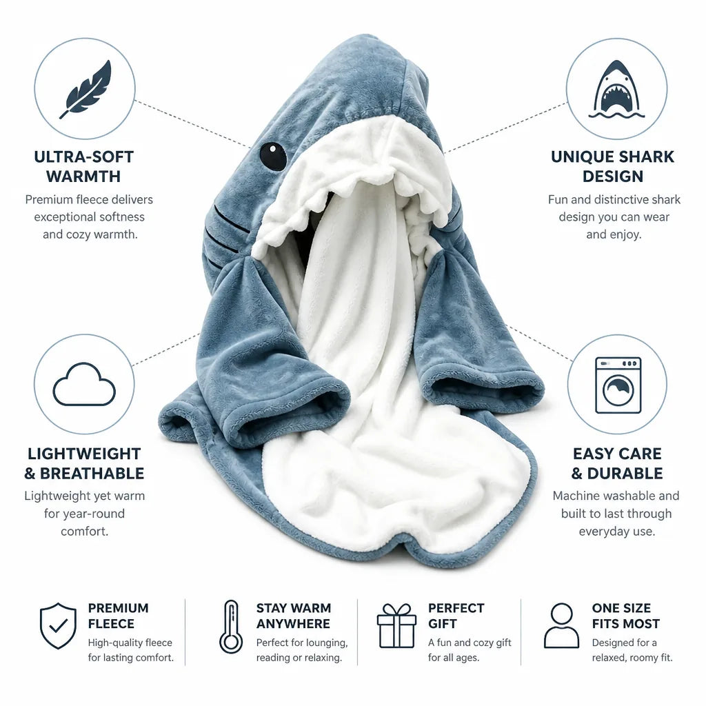 Shark Hooded Wearable Blanket in Ultra-Soft Lightweight Fleece