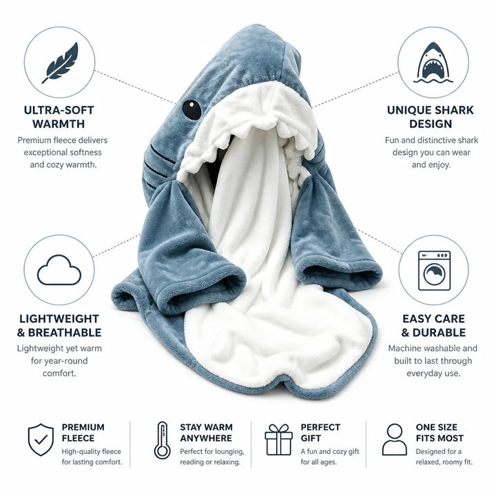 Shark Hooded Wearable Blanket in Ultra-Soft Lightweight Fleece